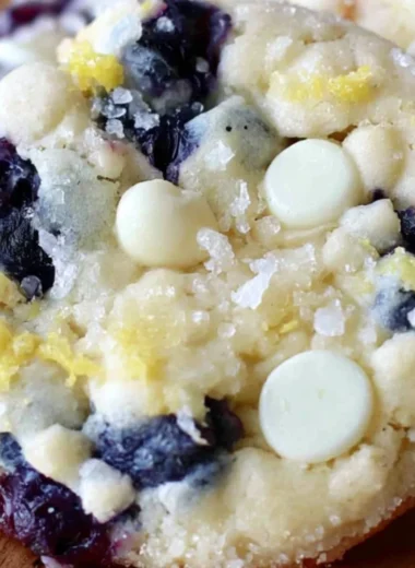 Cozy blueberry lemon white chocolate chip cookies on a rustic wooden table