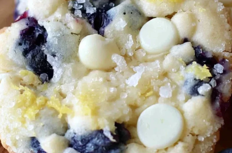Cozy blueberry lemon white chocolate chip cookies on a rustic wooden table
