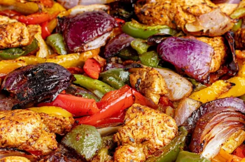 Sheet pan chicken fajitas with colorful bell peppers and spices ready to serve