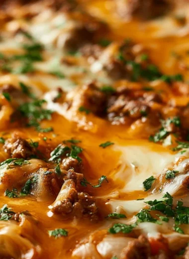 Cozy unstuffed ground beef cabbage roll casserole in a baking dish