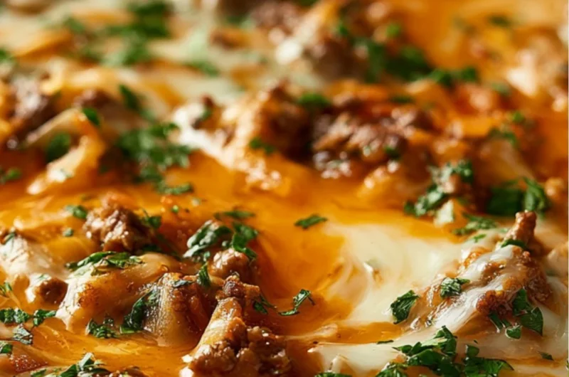 Cozy unstuffed ground beef cabbage roll casserole in a baking dish