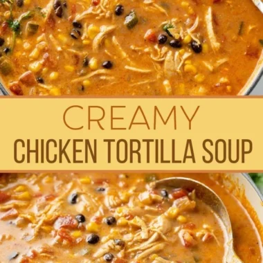 Bowl of creamy chicken tortilla soup garnished with toppings