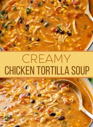 Bowl of creamy chicken tortilla soup garnished with toppings