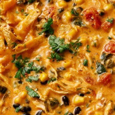 Bowl of creamy chicken tortilla soup topped with crispy tortilla strips and cilantro