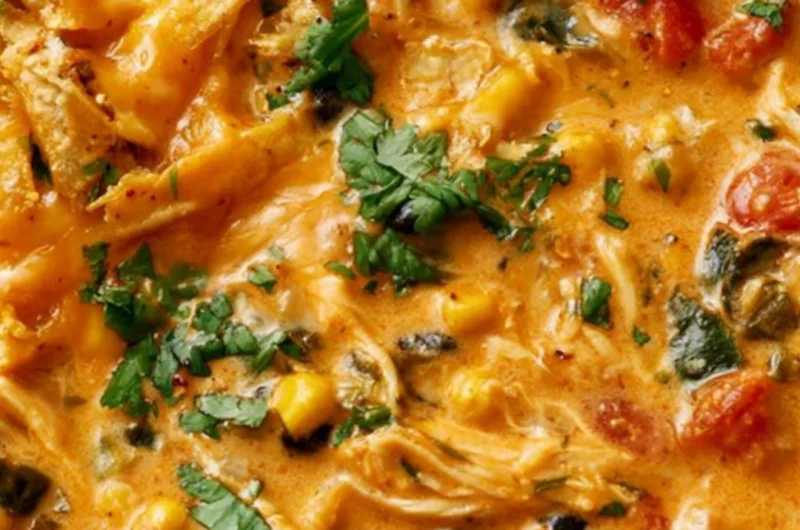 Bowl of creamy chicken tortilla soup topped with crispy tortilla strips and cilantro