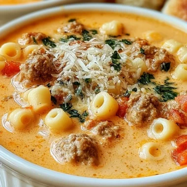 Bowl of creamy Parmesan Italian sausage soup topped with herbs