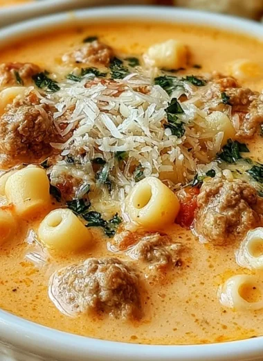 Bowl of creamy Parmesan Italian sausage soup topped with herbs