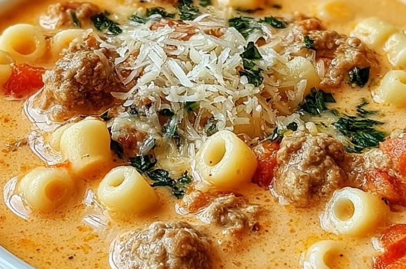 Bowl of creamy Parmesan Italian sausage soup topped with herbs