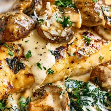 Creamy Parmesan Keto Chicken with spinach and mushrooms served on a plate.