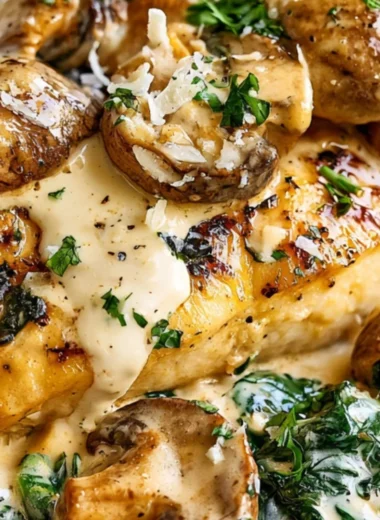 Creamy Parmesan Keto Chicken with spinach and mushrooms served on a plate.
