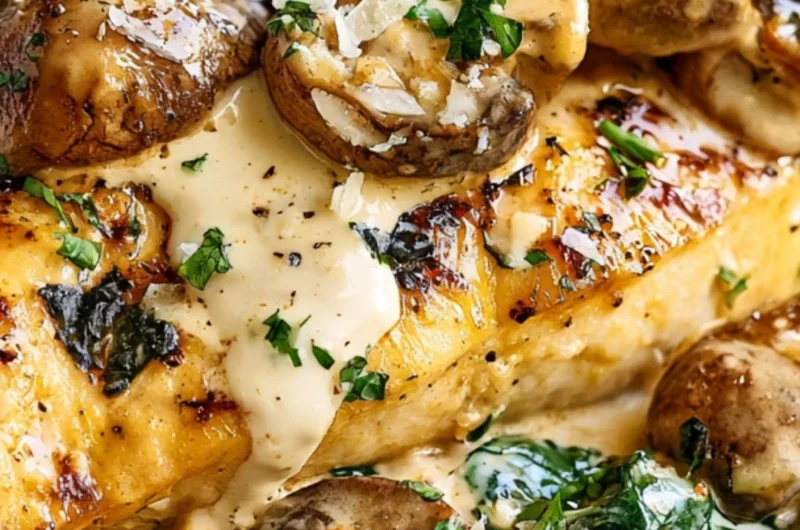 Creamy Parmesan Keto Chicken with spinach and mushrooms served on a plate.