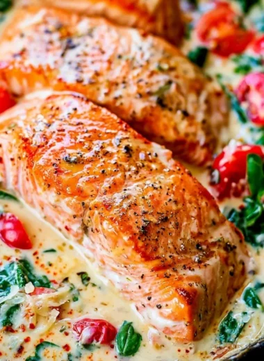 Creamy Tuscan salmon dish with garlic, spinach, and sun-dried tomatoes.