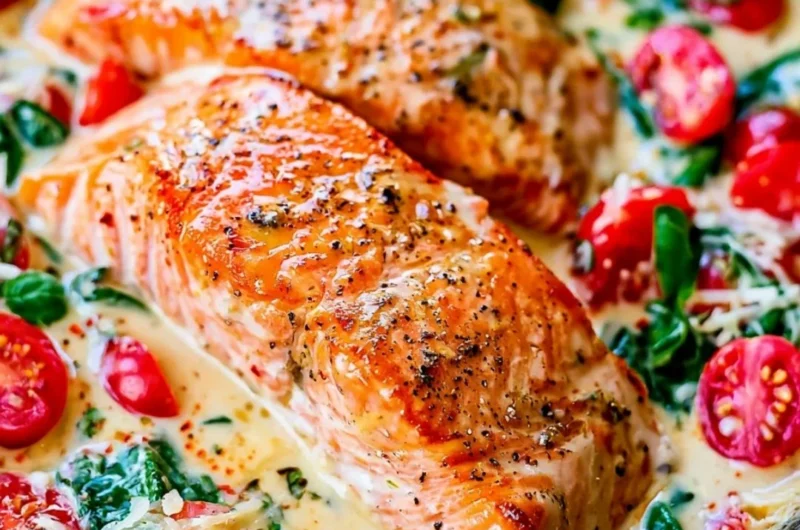 Creamy Tuscan salmon dish with garlic, spinach, and sun-dried tomatoes.