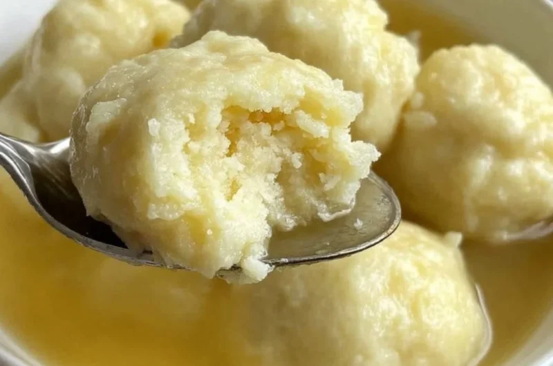 Fluffy drop dumplings cooking in a pot of savory soup