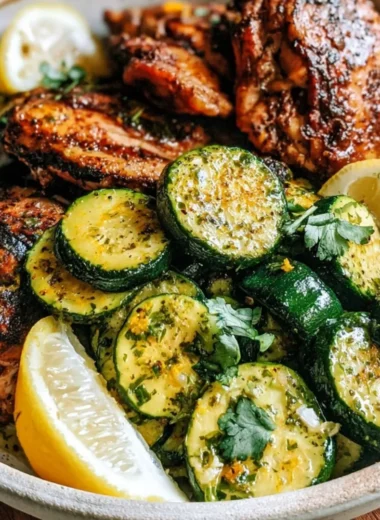 Delicious Asado Chicken served with sautéed lemon zucchini.