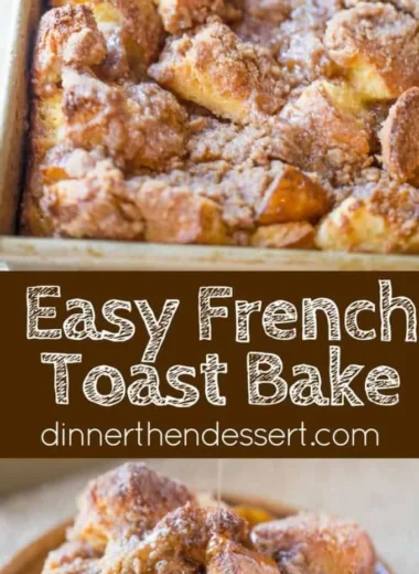 Delicious easy French toast bake served on a plate with syrup and berries