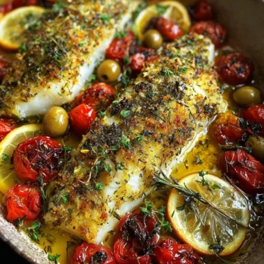 Mediterranean baked fish garnished with herbs and lemon.
