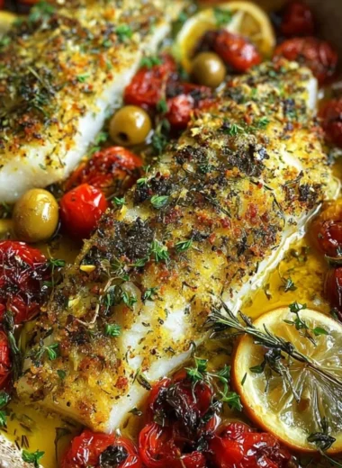 Mediterranean baked fish garnished with herbs and lemon.