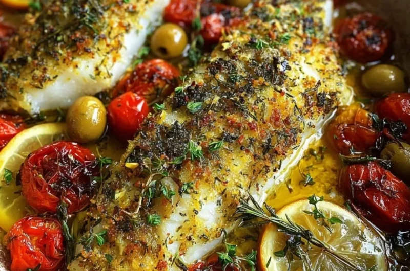 Mediterranean baked fish garnished with herbs and lemon.