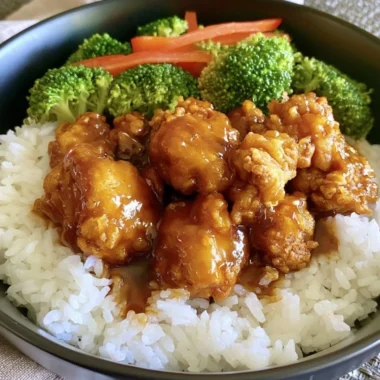 Plate of easy orange chicken served with rice and vegetables