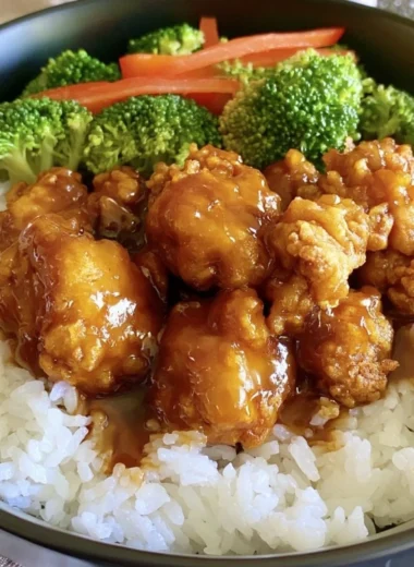 Plate of easy orange chicken served with rice and vegetables