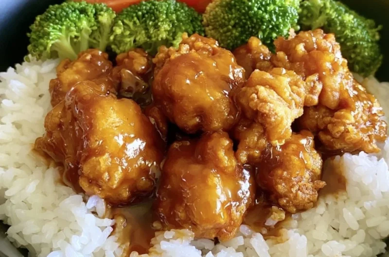 Plate of easy orange chicken served with rice and vegetables