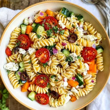 Bowl of colorful summer pasta salad with vegetables and dressing