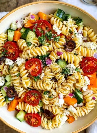 Bowl of colorful summer pasta salad with vegetables and dressing