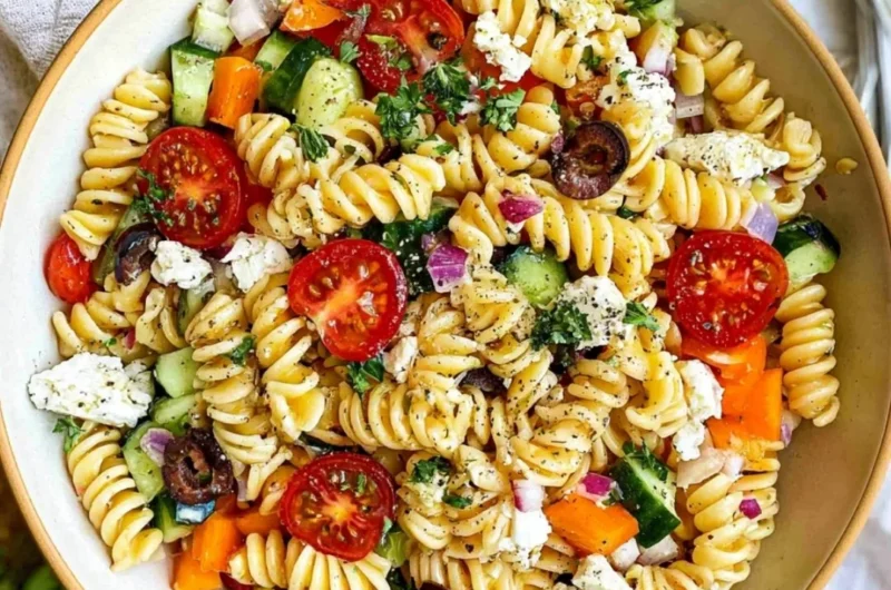 Bowl of colorful summer pasta salad with vegetables and dressing