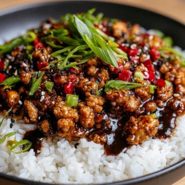 Delicious Firecracker Ground Chicken served with vegetables and rice