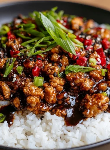 Delicious Firecracker Ground Chicken served with vegetables and rice