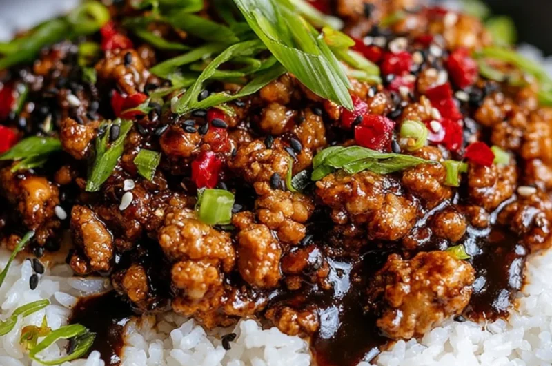 Delicious Firecracker Ground Chicken served with vegetables and rice