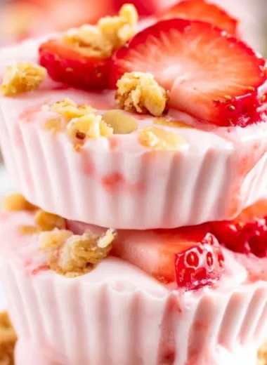 A bowl of frozen strawberry yogurt bites topped with fresh strawberries