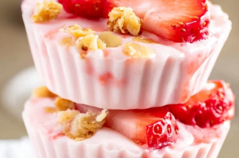 A bowl of frozen strawberry yogurt bites topped with fresh strawberries