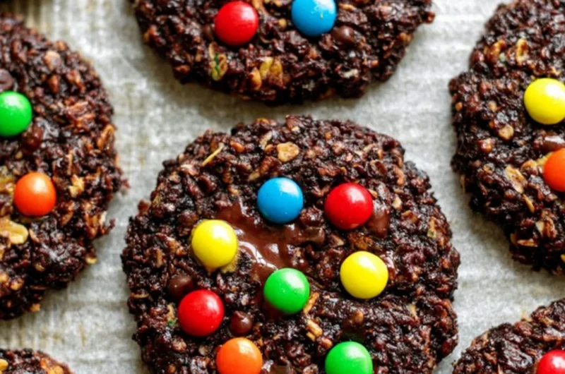 Healthy flourless chocolate monster cookies on a plate