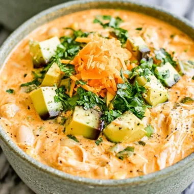 Bowl of healthy high protein white chicken chili with fresh ingredients