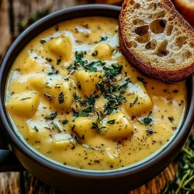 Bowl of hearty potato soup garnished with herbs, perfect for cold weather
