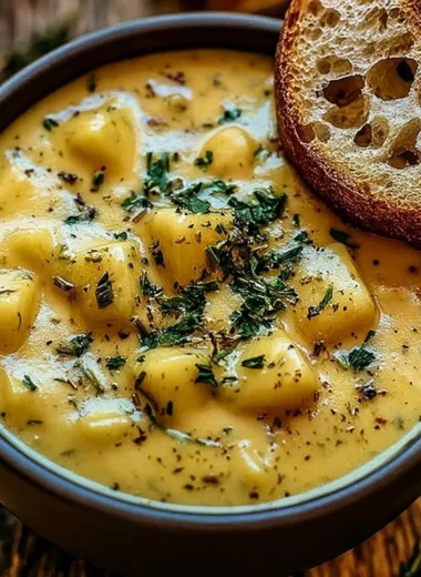 Bowl of hearty potato soup garnished with herbs, perfect for cold weather