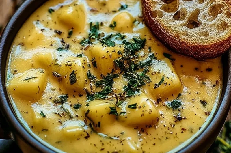 Bowl of hearty potato soup garnished with herbs, perfect for cold weather