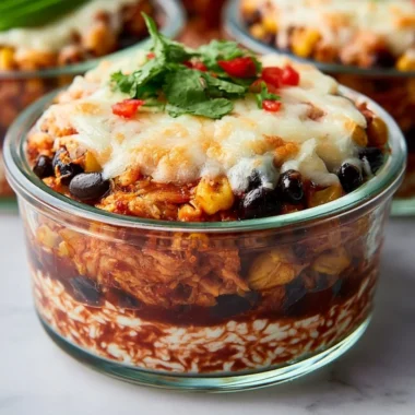 High-protein chicken cottage cheese enchilada bowls served in a dish
