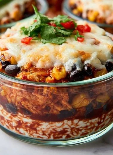 High-protein chicken cottage cheese enchilada bowls served in a dish