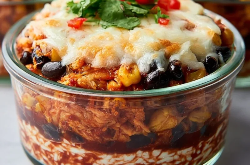 High-protein chicken cottage cheese enchilada bowls served in a dish