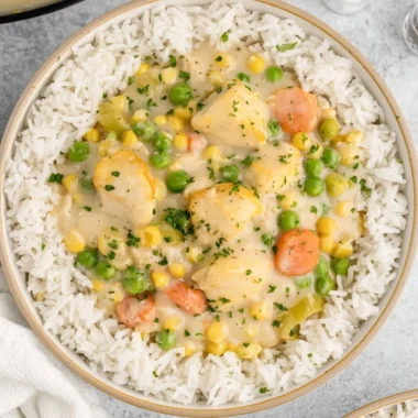 High protein crustless chicken pot pie served in a bowl