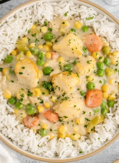 High protein crustless chicken pot pie served in a bowl