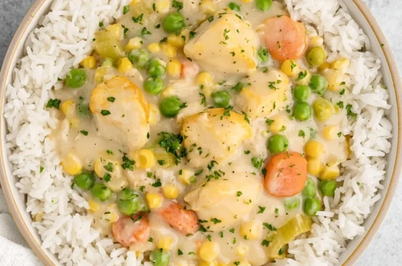 High protein crustless chicken pot pie served in a bowl