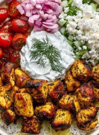 High Protein Mediterranean Lemon-Dill Chicken Bowl with fresh ingredients