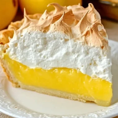 Homemade lemon meringue pie topped with fluffy meringue and lemon filling