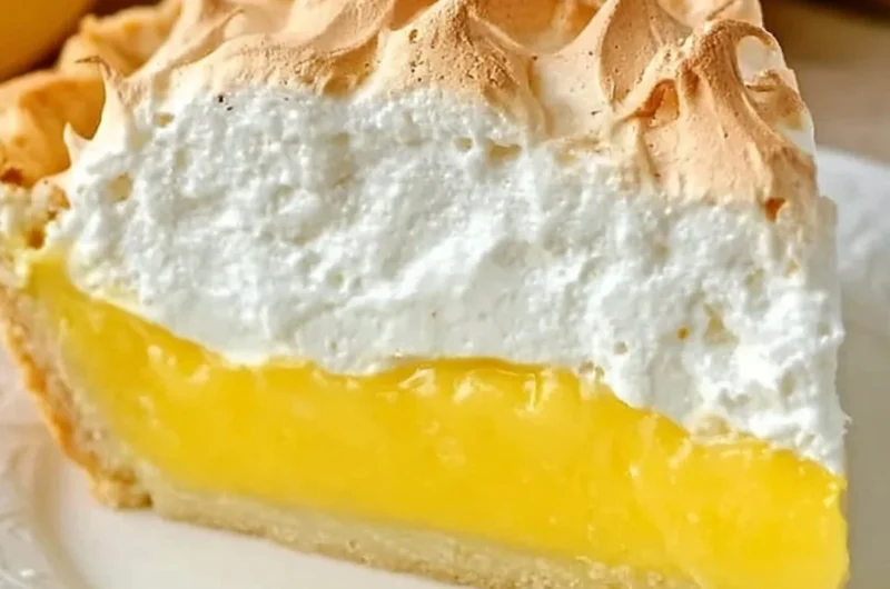 Homemade lemon meringue pie topped with fluffy meringue and lemon filling
