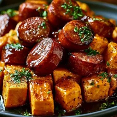 Honey garlic sausage dish served with roasted sweet potatoes on a plate.