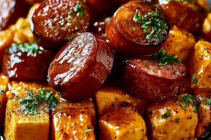 Honey garlic sausage dish served with roasted sweet potatoes on a plate.